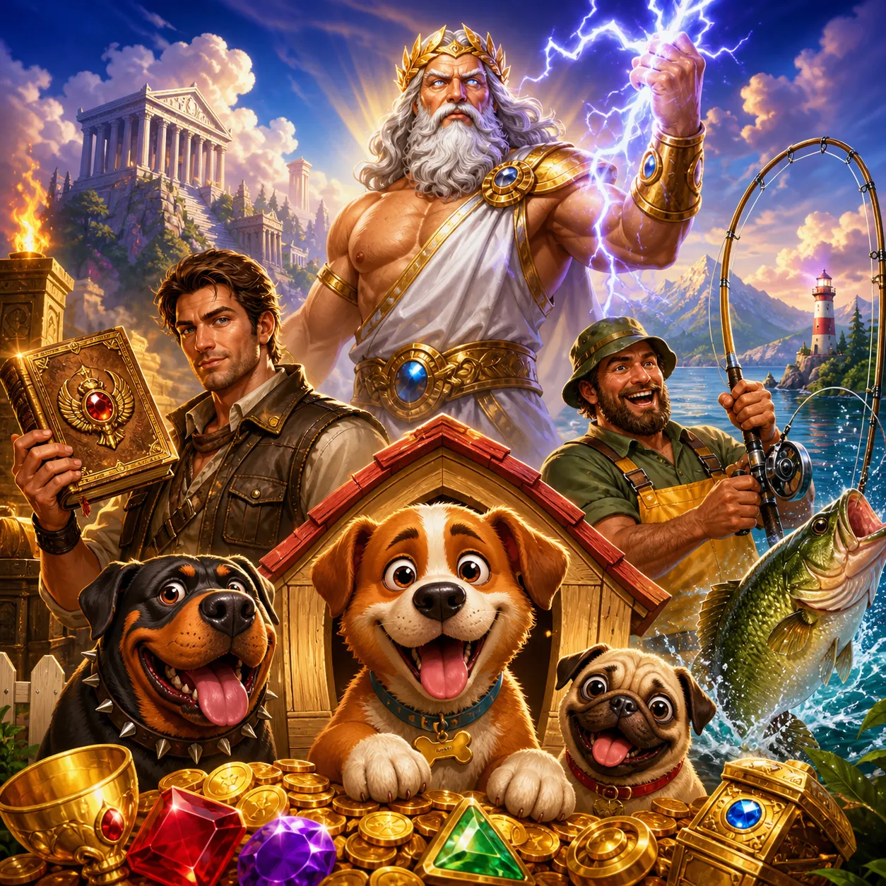 An artistic composition showcasing a fisherman, a mythological god, and playful cartoon dogs set in a vibrant slot game world